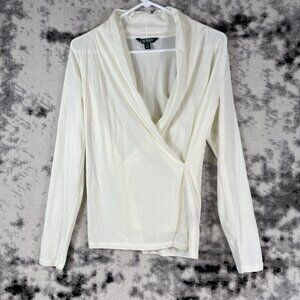 Lauren Ralph Lauren‎ Top Womens Size PM Ivory Cotton Stretch Long Sleeve V-Neck